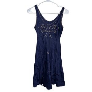 Vintage Handmade Navy Blue Embroidered Fitted Dress Boho Romantic‎ Floral